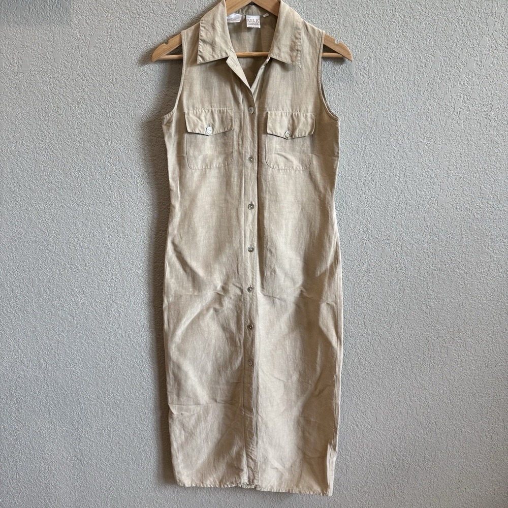 Silk Linen Sleeveless Maxi Shirt Dress Beige Collared Button Up • Winter Silks 8